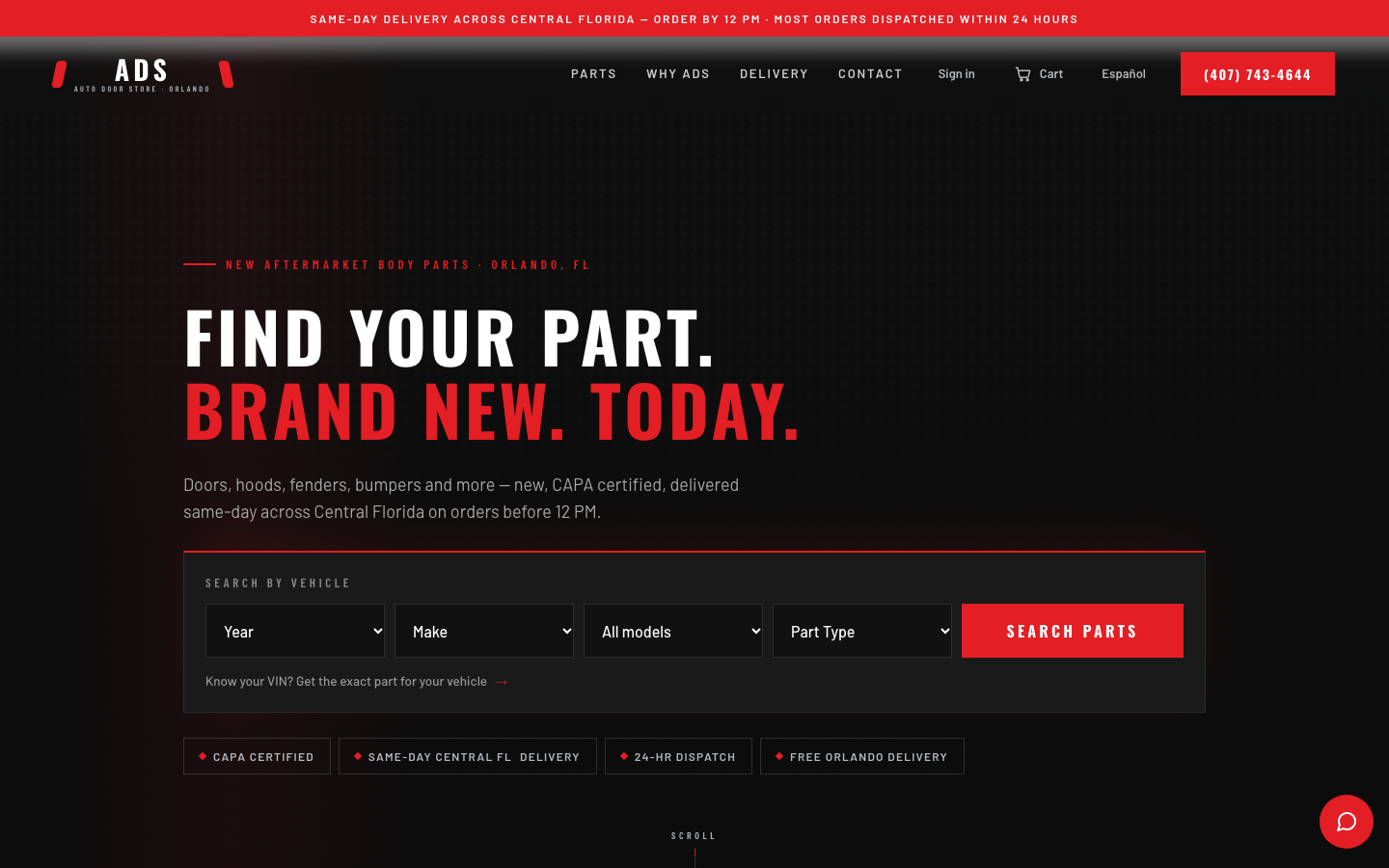 ADS Auto Door Store home page on desktop with a year, make, model and part-type search