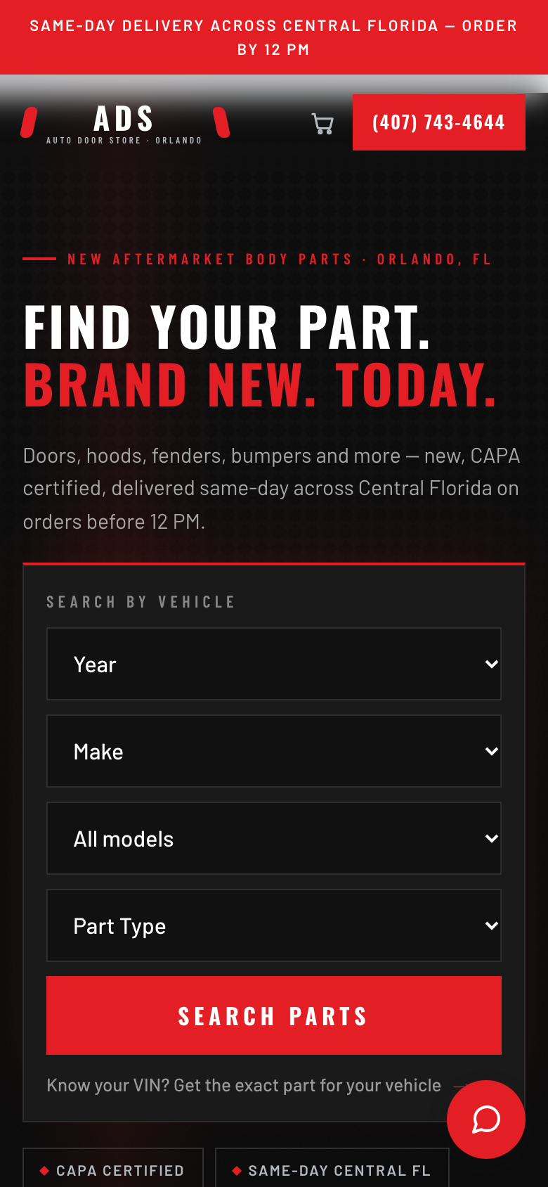 ADS Auto Door Store home page on mobile