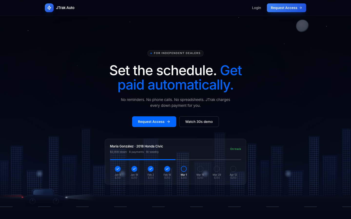 JTrak Auto home page on desktop: “Set the schedule. Get paid automatically.”